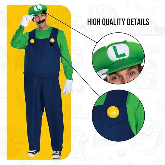 Disguise Men's Luigi Deluxe Adult Costume, Green, XXL - Picture 4 of 6